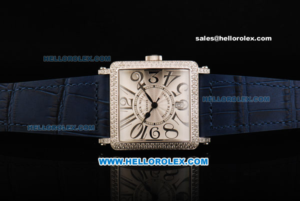 Franck Muller Master Square Swiss ETA 2824 Automatic Movement White Dial with Diamond Bezel and Blue Leather Strap - Click Image to Close